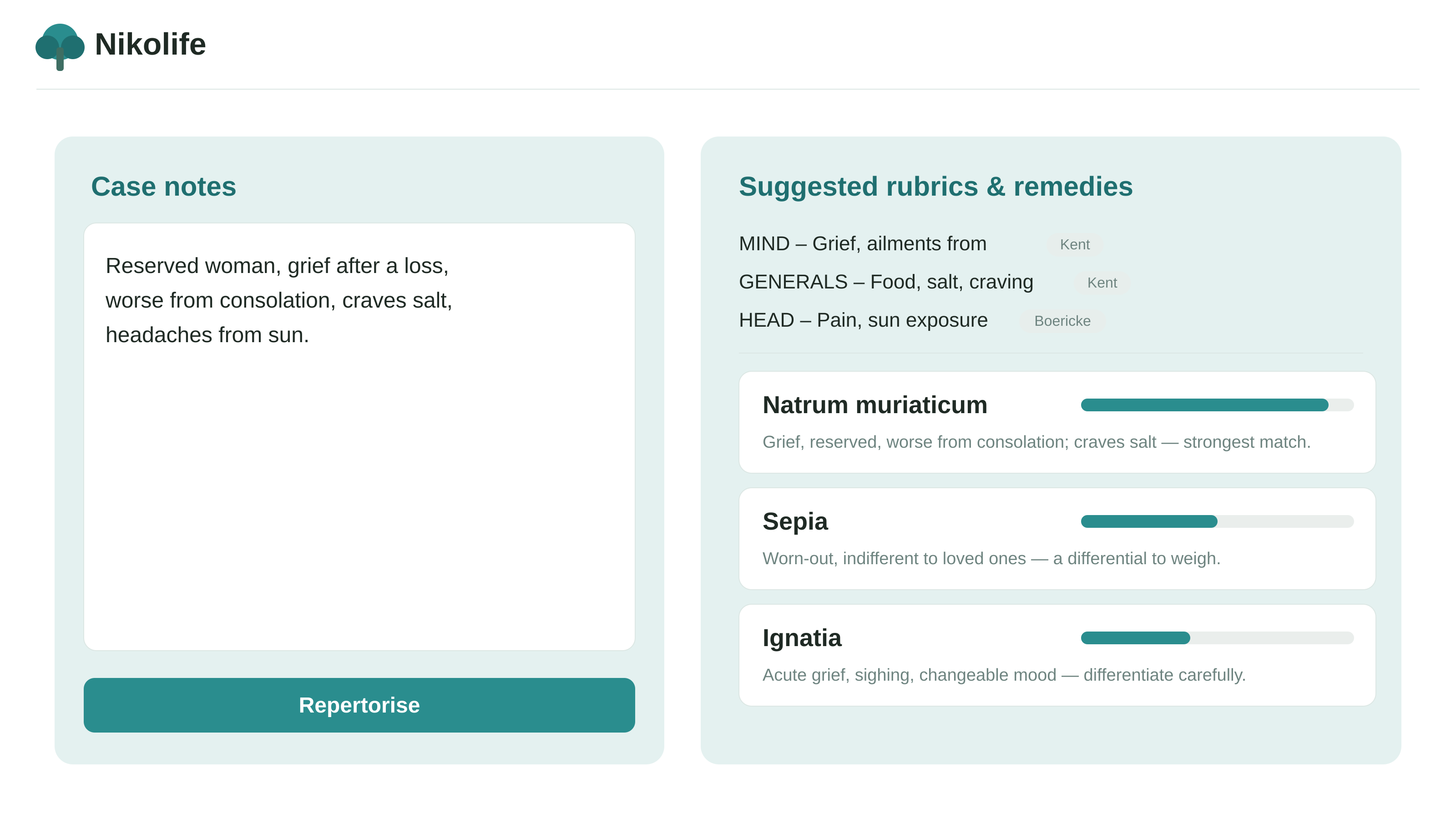 Nikolife Homeopathy — case notes turned into repertory rubrics and ranked remedies